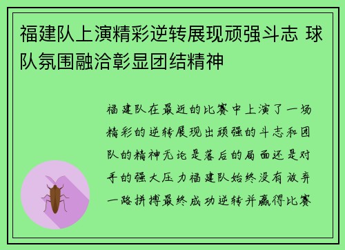 福建队上演精彩逆转展现顽强斗志 球队氛围融洽彰显团结精神