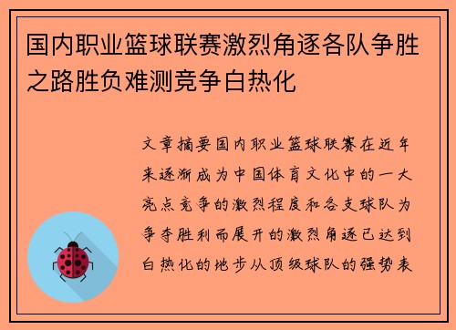 国内职业篮球联赛激烈角逐各队争胜之路胜负难测竞争白热化