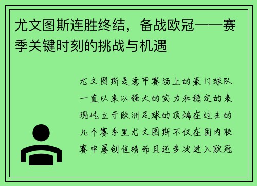 尤文图斯连胜终结，备战欧冠——赛季关键时刻的挑战与机遇