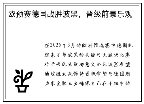 欧预赛德国战胜波黑，晋级前景乐观