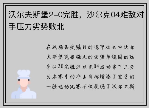 沃尔夫斯堡2-0完胜，沙尔克04难敌对手压力劣势败北
